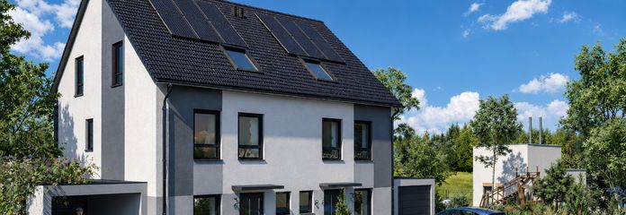 Moderna casa in muratura KfW-40-QNG con giardino – posizione eccellente a Hattersheim, impianto fotovoltaico e pompa di calore inclusi – Haus Ansicht Straßenseite