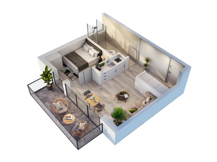 Neubau 2-Zi.-Wohnung mit/ohne Vermietungskonzept – Visualisierung Grundriss IDEE