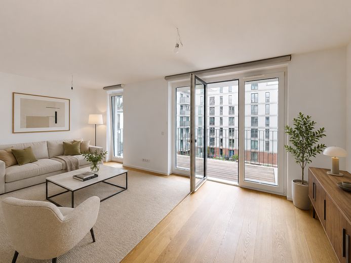 Moderno piso de 3 habitaciones con azotea, balcón y plaza de garaje subterráneo en HafenCity – Virtuelles Staging Wohnzimmer