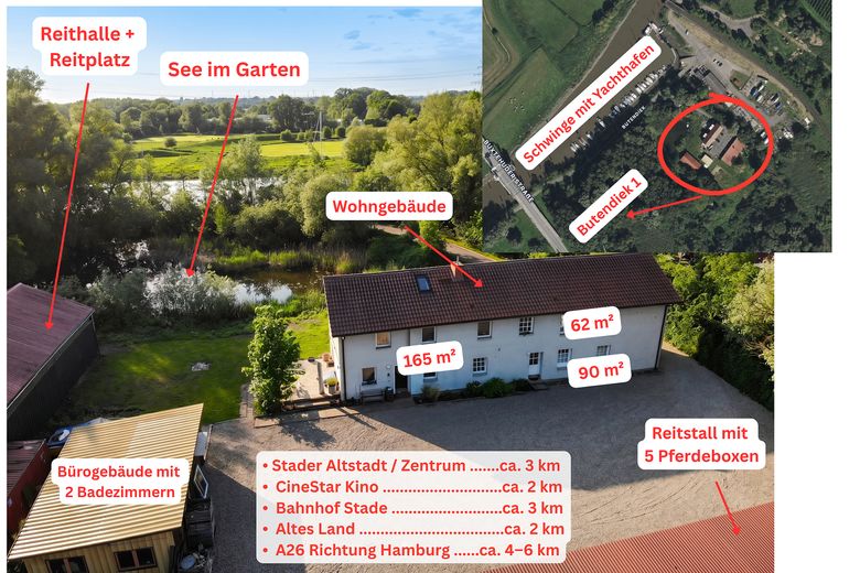 Einzigartiger Resthof / Schwinger Yachthafen / 3 Wohneinheiten, Reitanlage & Pferdestall / Stade – Gesamtübersicht