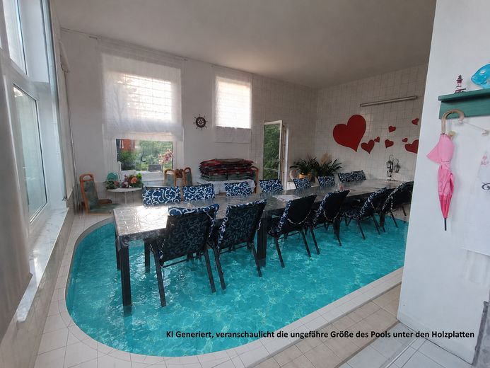 Viel Platz in Güstrow 190 m², großes Grundstück, Pool & Werkstatt – Beheizter Pool u. Holzplatten