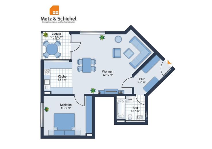 Mainz-Finthen: Gemütliche 2-ZKB-Wohnung; tolles Raumgefühl; 70m²; Wohlfühl-Loggia! – Grundriss