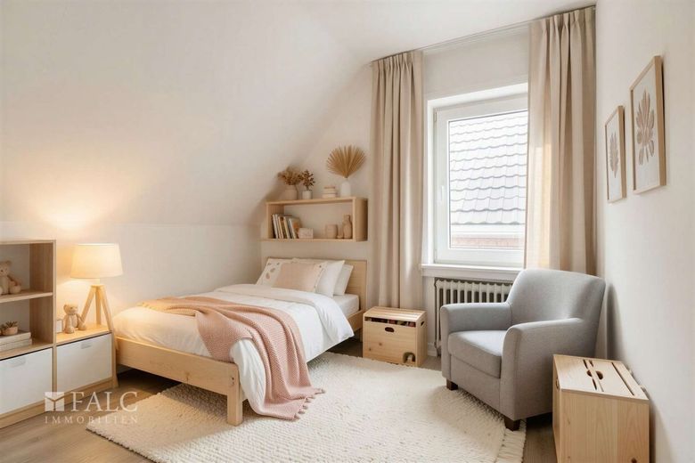 Charmantes sanierungsbedürftiges Einfamilienhaus mit Potenzial in ruhiger Lage von Worringen – Kinderzimmer - (KI generiert)