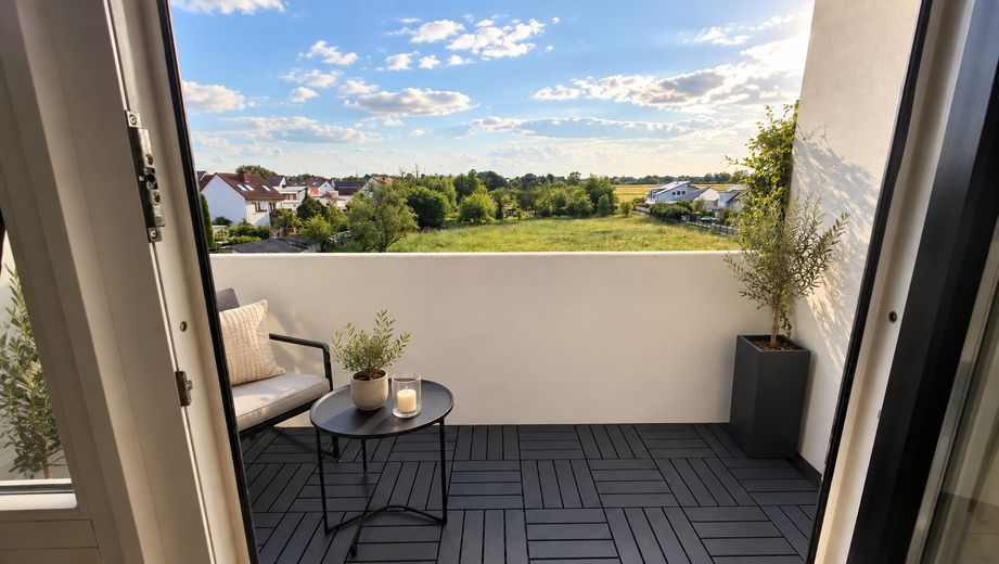 Investissement avec un rendement de 6,1 % – loyer indexé, seulement 14 € de charges non récupérables – Blick von Balkon ins Grüne