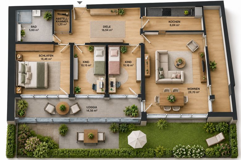 118,80 m² क्षेत्रफल वाला 4-कमरों का अपार्टमेंट, बगीचे, काँच से बंद बालकनी, लिफ्ट और निजी गैरेज के साथ – फोटो 6