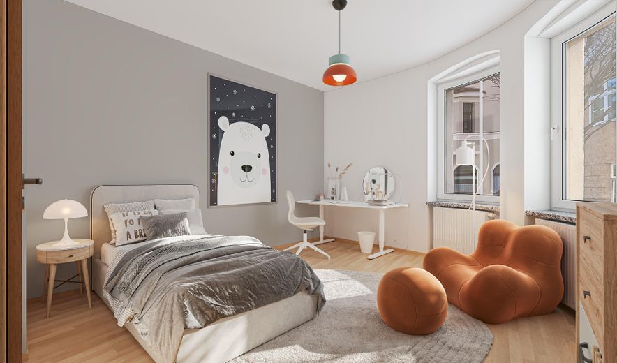 Provisionsfrei: 3-Zimmer-Balkonwohnung im Hochparterre eines kernsanierten 4-FH, Weimar Nordvorstadt – z.B. Kinderzimmer (CGI)