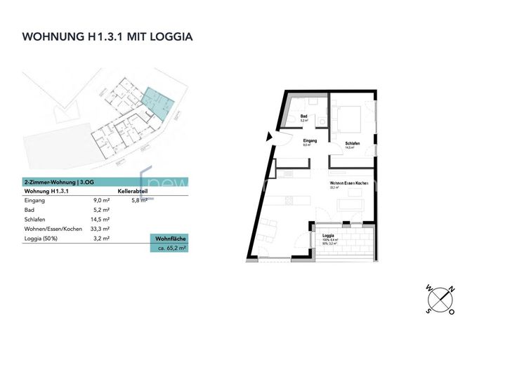 2-Zi. - Eigentumswohnung im ILLERPARK mit Loggia | 65,2 m² |  Erstbezug (1.3.1) – Grundriss - Wohnung H1.3.1 im Haus 1 mit Loggia