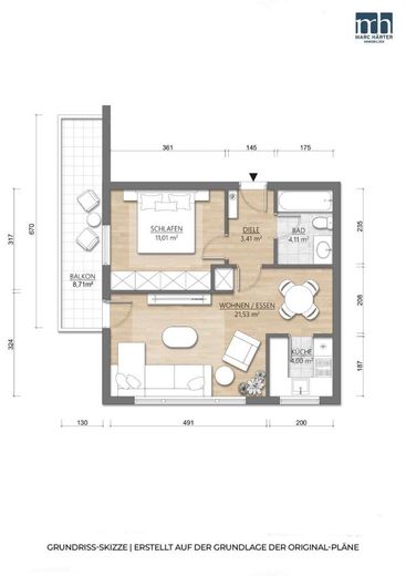 Charmante 2-Zimmer-Wohnung in Frankfurt-Bornheim - 5. Obergeschoss, Aufzug, Balkon &amp; Ausblick – 197 - Grundriss