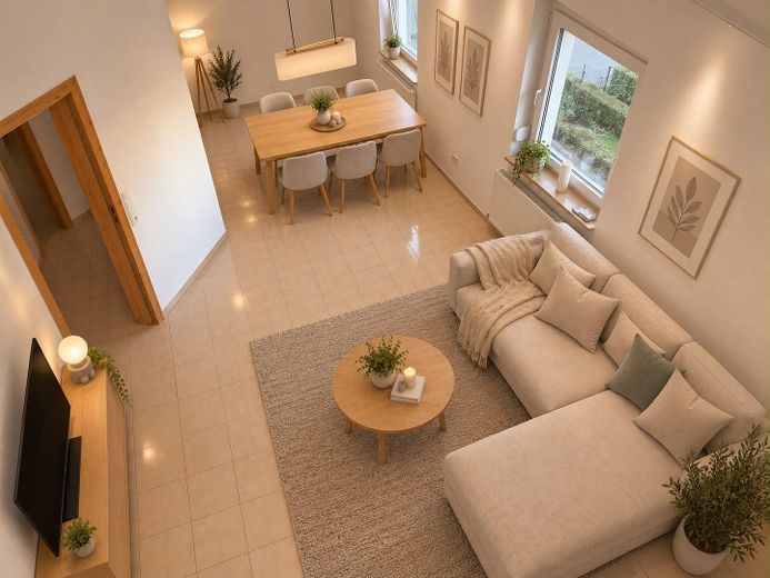 Gelflegte Doppelhaushälfte mit großem 580 m² Grundstück und Carport provisionsfrei bezugsfrei – Wohnzimmer mit KI