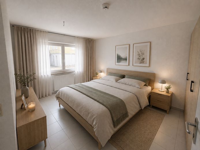 Appartamento di 3,5 locali. Piano terra, terrazza, posto auto + garage interrato. Privo di barriere, senza provvigione, da privato, senza agenzia – Schlafzimmer (mit KI möbliert