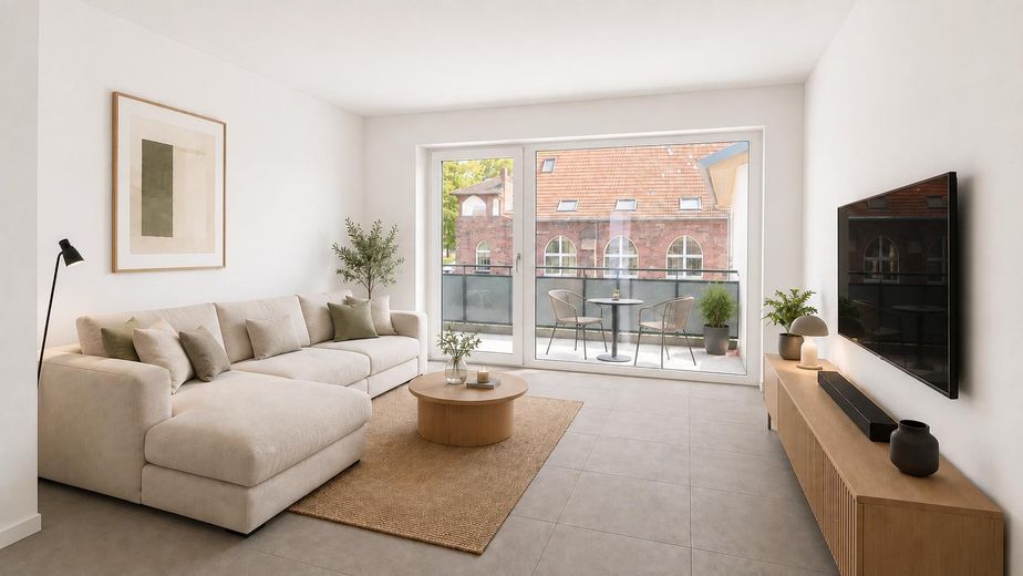 ERSTBEZUG - 2-Zimmer-Wohnung in bester Lage, Komfort und Ambiente im Neubau an der Klingenburg – Wohnzimmer KI generiert