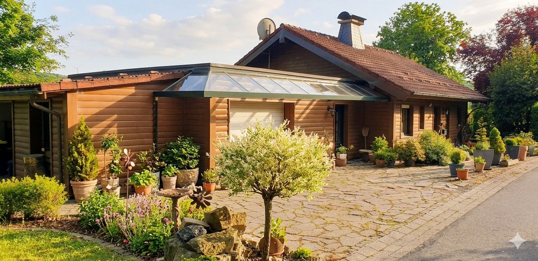 Freistehendes Einfamilienhaus in traumhafter Süd-Hanglage von Altenbeken – Provisionsfrei von Privat – Seitenansicht Haus mit Garage