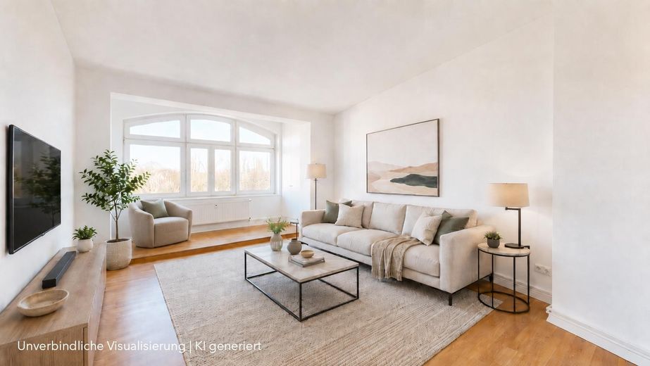 Bezugsfrei ab sofort: Provisionsfreie Eigentumswohnung im gepflegten Altbau – Visualisierung Wohnzimmer