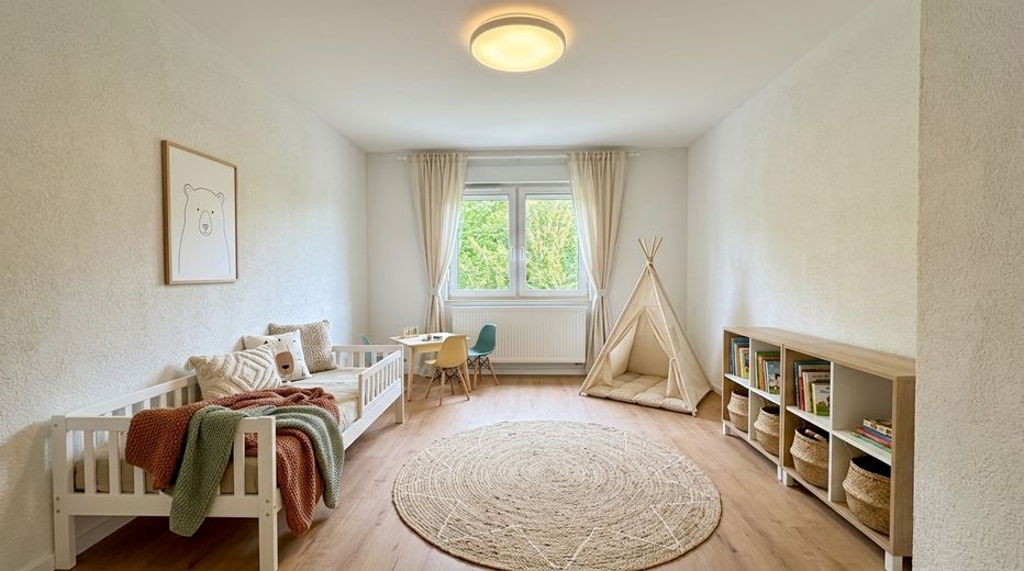 Po generalnym remoncie i klasa efektywności A+: mieszkanie 3-pokojowe z pompą ciepła, ogrodem i pozwoleniem na budowę balkonu – Kinderzimmer