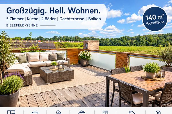 Maisonette daire, 5 oda+mutfak+2 banyo, balkon+çatı terası, Bielefeld-Senne’de sakin konut bölgesi