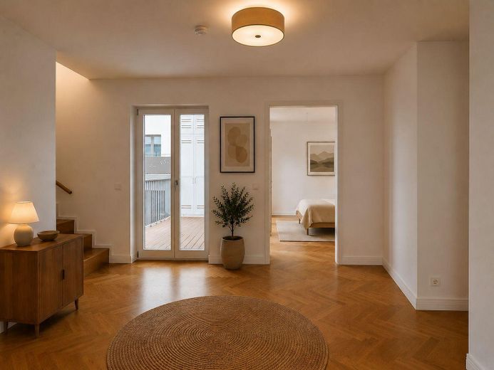 Provisionsfrei: Außergewöhnliche Dachgeschosswohnung mit Blick über Berlin und toller Dach-Terrasse – Eingangsbereich/Treppe Dach KI
