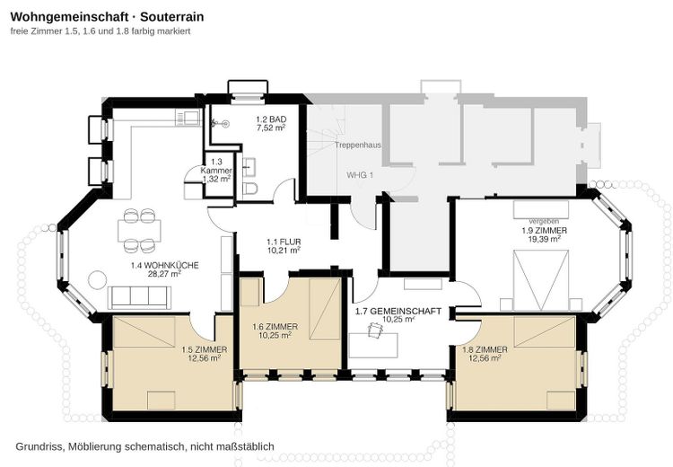 3 सुसज्जित साझा-आवास कमरे, अलग-अलग किराये पर | प्रत्येक 620 € सहित – Grundriss mit freien Zimmern