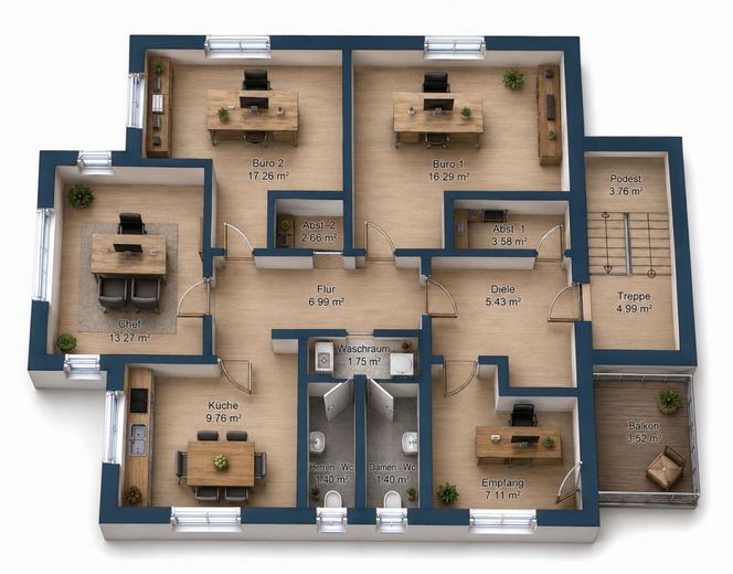 Nowoczesna powierzchnia biurowa / gabinetowa o powierzchni 91 m², 4 pokoje z kuchnią i łazienką w Glinde – Grundriss