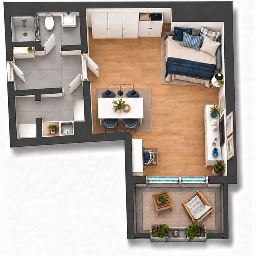 Balkon ve ankastre mutfaklı mobilyalı 1 odalı daire – yaklaşık 39 m² – Grundriß