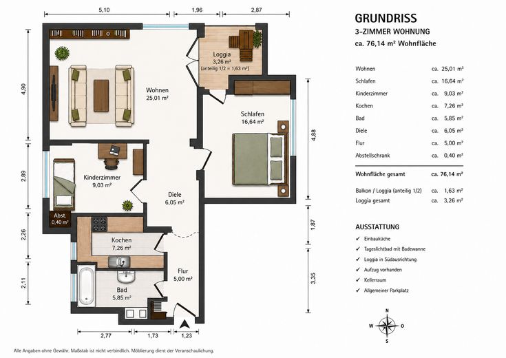 Première occupation après rénovation complète – appartement exclusif de 3 pièces avec loggia orientée plein sud – Detaillierter Grundriss