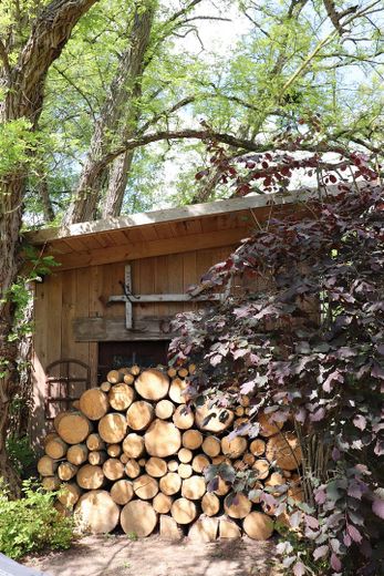 Charming country house with living basement, large garden, workshop, two verandas, hobby stable – Holzschuppen