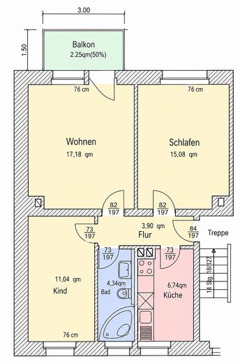 Kurort Oberwiesenthal: Attraktive 3-Zimmer-Wohnung mit Balkon – ruhig und zentrumsnah – Grundriss