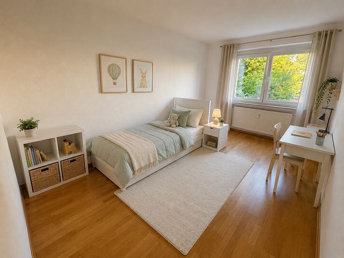 Modernisierte 3-Zimmer-Wohnung mit Einbauküche, Balkon & Blick ins Grüne – Kinderzimmer (KI-generiert)