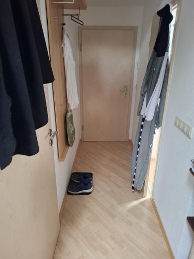 Luminoso appartamento mansardato | 2 locali, cucina, letto rialzato e vasca da bagno | Animali domestici "Sì" – Flur und Eingangstür von innen