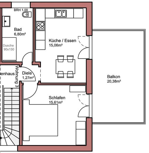 Geniş balkonlu modern 1 odalı daire – Grundriss Wohnung