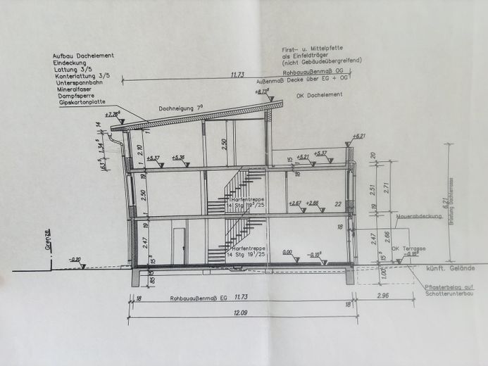 Doppelhaushälfte mit Dachterrasse, Keller, Sauna und Whirlpool, EBK, Photovoltaik, grüner Garten – Querschnitt Seitenansicht