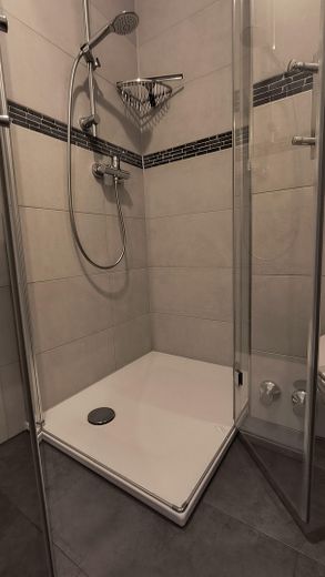 Charmantes, renoviertes Apartment mit Terrasse, kleinem Garten & Tiefgaragenstellplatz in Regensburg – Große Dusche 