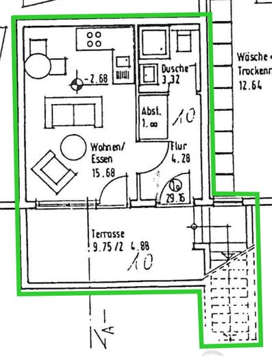 ZAREZERWOWANE Atrakcyjne mieszkanie jednopokojowe z tarasem, zabudowaną kuchnią, miejscem parkingowym i piwnicą – Grundriss
