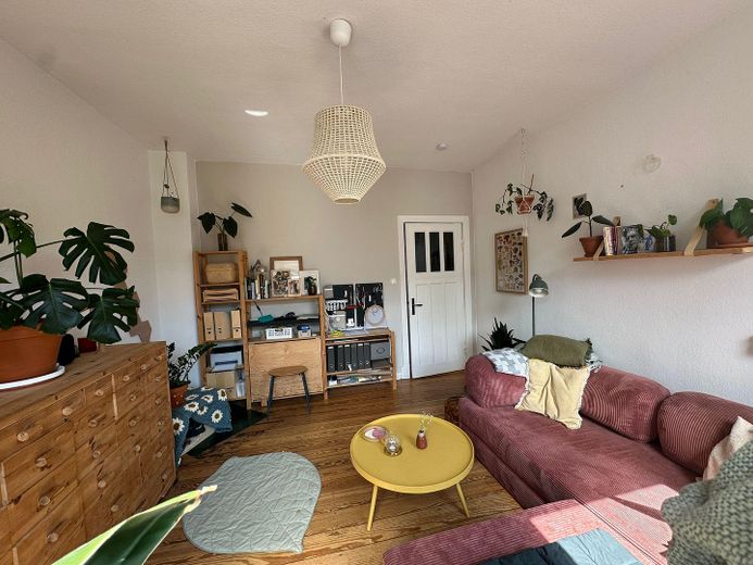 Helle, schöne und gepflegte Altbauwohnung mit Dielenfussboden und Einbauküche – Wohnzimmer