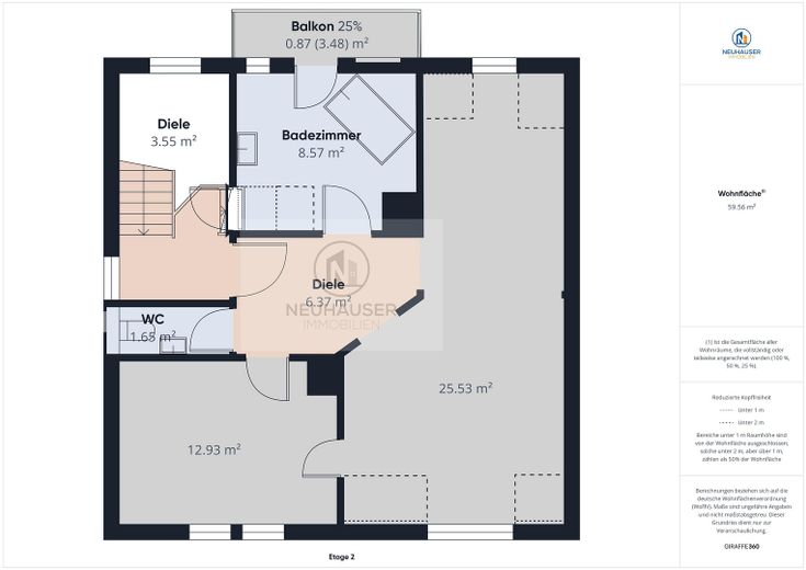 Wunderschöne, offene und modernisierte 2-Zimmer-Wohnung mit Balkon in Stuttgart-Untertürkheim – Grundriss 2OG