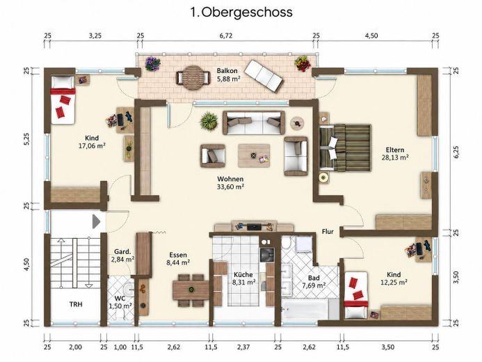 125 m² w Leo.-Warmbronn: 4,5 pokoju, balkon od południa, garaż i miejsce parkingowe – bez prowizji – Möblierter Grundriss