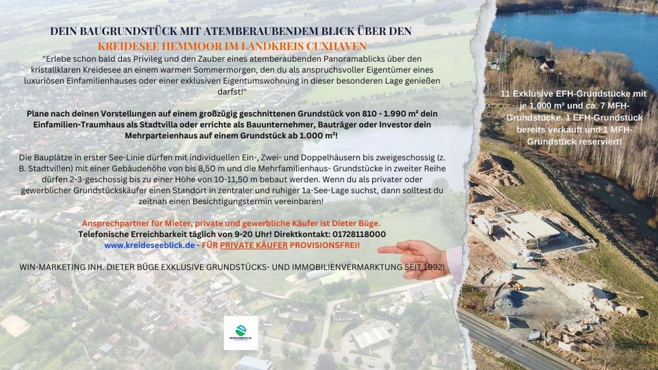 Seegrundstück LK Cuxhaven ca. 970 m² 1. Reihe, Panorama-Seeblick, 1a-Lage von 21745 Hemmoor – Beschreibung Kreideseeblick