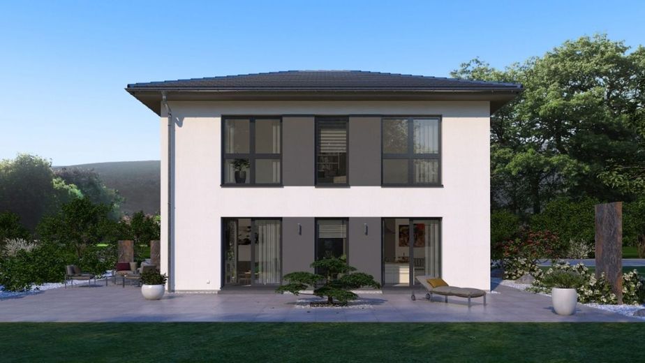 MODERNES WOHNHAUS MIT ELEGANTEM WALMDACH – Ansicht Garten