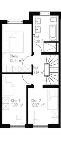 Erstbezug: A+ Neubau-Reihenhaus mit 6 Zimmern, Premiumküche, PV-Speicher & Garten – Grundriss Obergeschoss