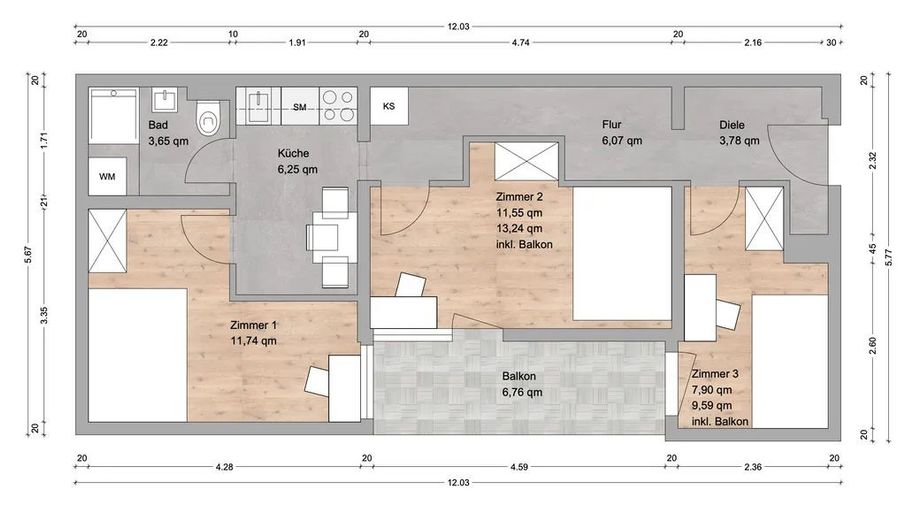 غرفة في شقة مشتركة في موقع مركزي ومع ذلك هادئ / Radolfzeller Straße 9, München / 5.OG / WE3054 / Zi.1 – Grundriss