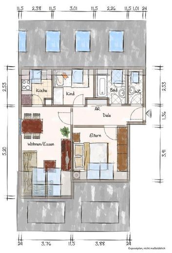 Gemütliche 3-Zimmer-Wohnung mit cleverem Extrazimmer und Garage – Grundriss (Skizze)