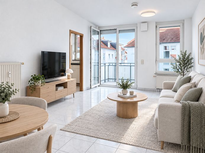 Licht 2-kamerappartement met inbouwkeuken, balkon en parkeerplaats in de ondergrondse garage – Wohnzimmer Beispiel