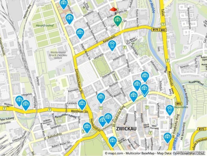 3-Zimmer-Hochparterre-Wohnung mit BALKON in Zwickaus beliebtem Wohnquartier zu vermieten! – Kartenausschnitt