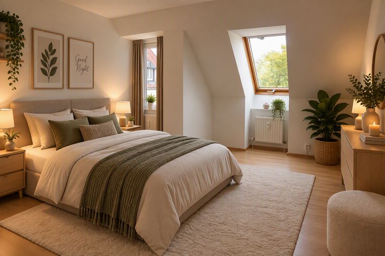 Bezugsfreie Maisonette-Wohnung nahe der Dachauer Altstadt, Erbpacht – Schlafzimmer, KI bearbeitet