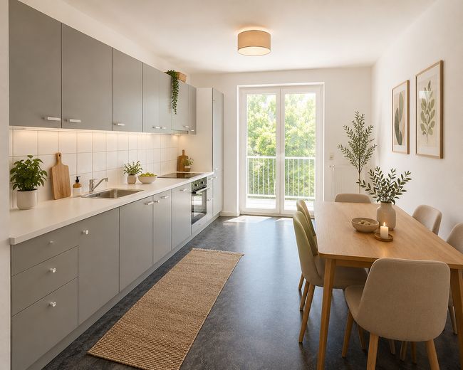 Kernsanierte 3-Zimmer­wohnung mit Balkon und Einbauküche – Küche möbliert