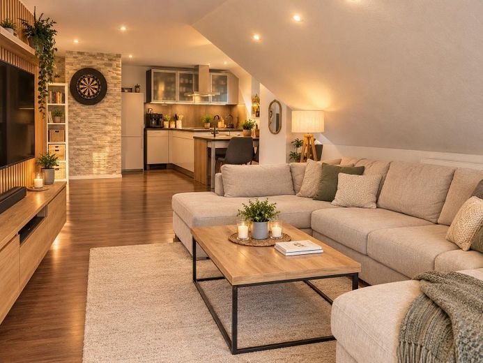 Atractivo ático de 67m² en 58636 Iserlohn- actualmente alquilado – Wohnzimmer-Küche KI Generiert