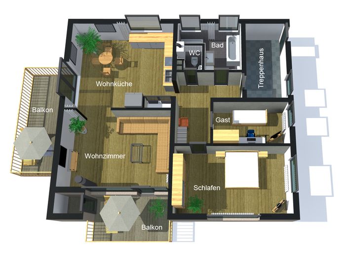 Fernblick über Bad Harzburg trifft Spa-Feeling: geöltes Parkett, Vollbad, Dampfsauna & 2 Balkone – Grundriss illustriert