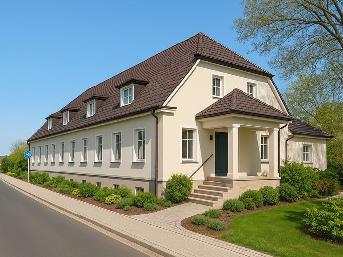 3 Hektar Potenzial - deine Chance auf Wertsteigerung. – Visuelle Veranschaulichung - Herrenhaus Straßenansicht