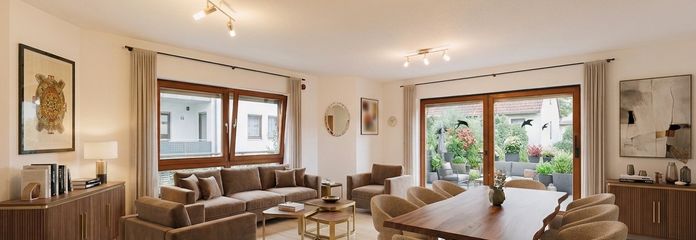 Steuerlich attraktive Kapitalanlage in Stammheim-Süd mit zuverlässigem Mieter (provisionsfrei) – Wohnzimmer (Möbel KI gen.)