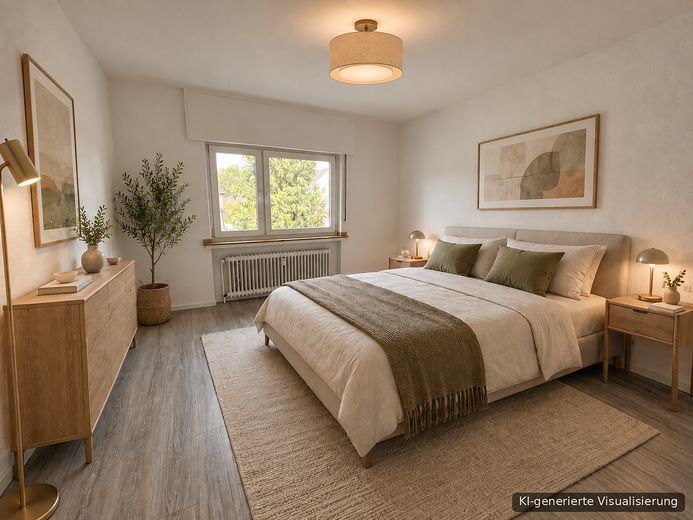 Frisch renovierte 2-Zimmer-Wohnung für 1-2 Personen, Balkon, Einbauküche, ca. 61 m², Lünen-Wethmar – KI - Schlafzimmer
