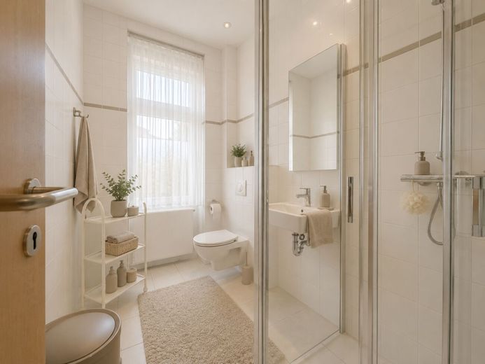 Flexible 240 m² Gewerbefläche - Bungalow für moderne Arbeitswelten – Bad mit Dusche